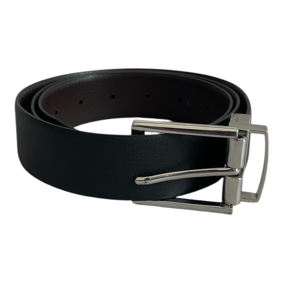 Men’s Belt Reversible Black/Brown Leather Belt Silver Square Buckle Dress Belt - Picture 3 of 5
